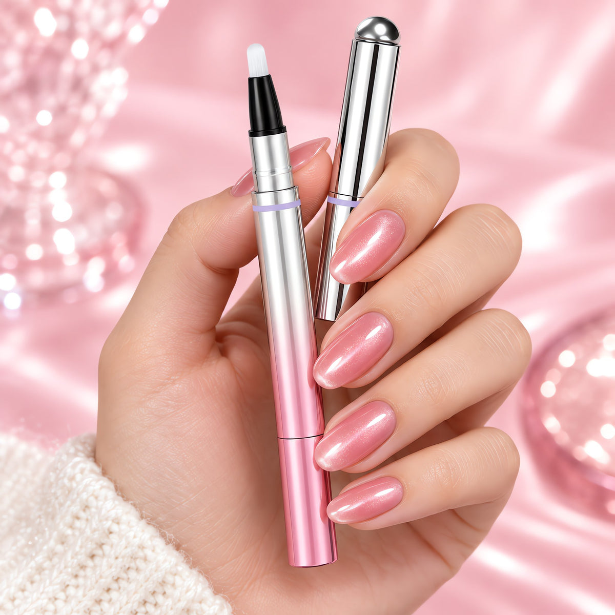 Hand with pink cat eye nails holding the Halo pen