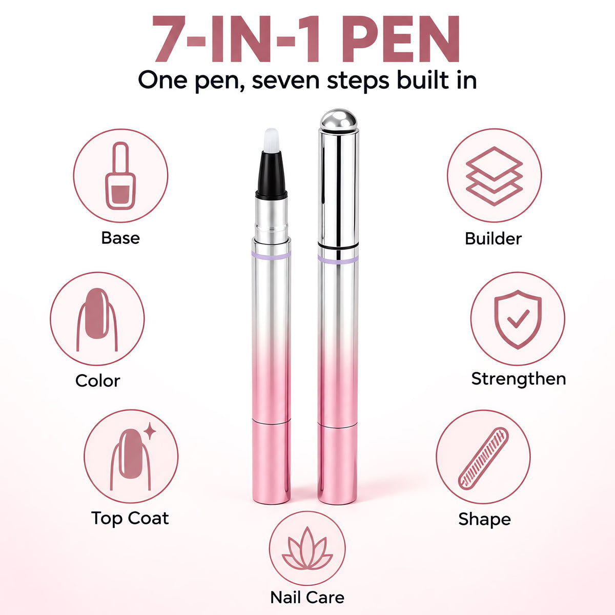 7-in-1 pen: base, color, top coat, builder, strengthen, shape, nail care