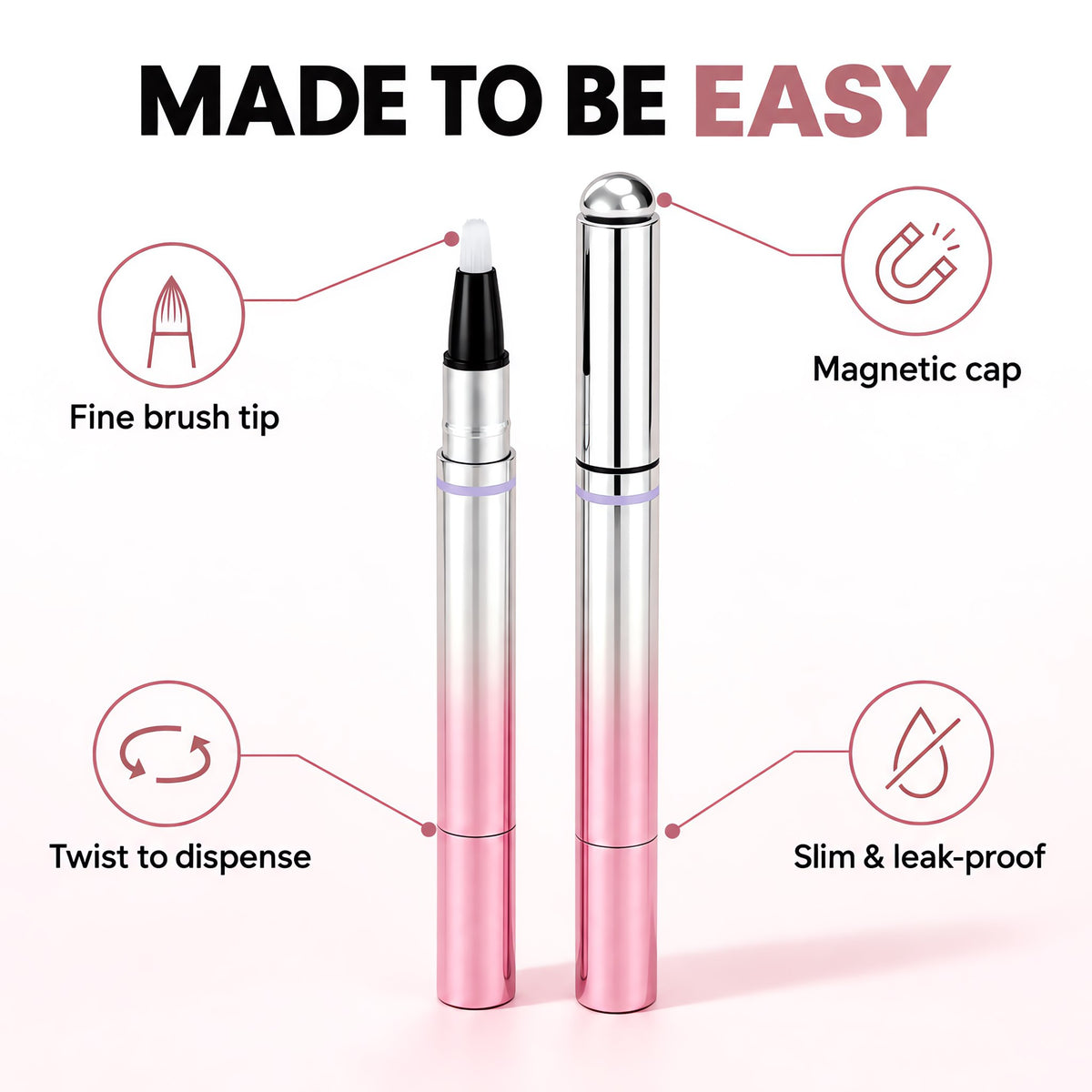 Pen details: magnetic cap, fine brush, twist to dispense