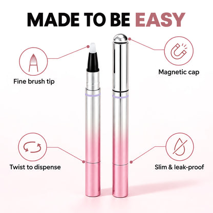 Pen details: magnetic cap, fine brush, twist to dispense